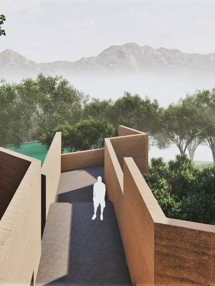 A conceptual rendering for a retreat built with rammed earth. The design choreographs a journey along a defined path, with walls that angle and shift to frame specific views of the mountains and forest.