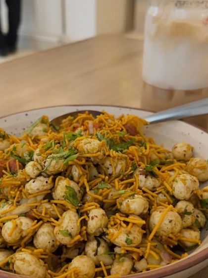 A bowl of crunchy and tangy Makhana Bhel. This is a light and healthy snack, perfect for evening munchies.