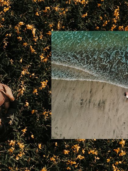 A creative collage featuring a drone shot of a couple on the beach and an intimate portrait in a field of yellow flowers.