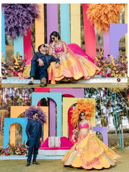 A collage of the couple posing against their vibrant and modern Mehendi decor, showcasing the fun and creative theme.