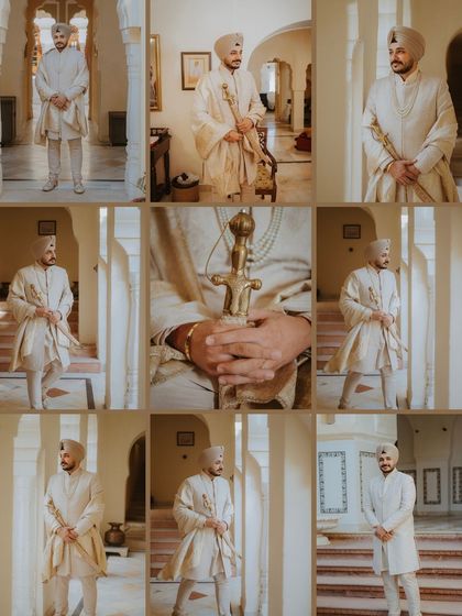A nine-grid collage showing the groom's getting-ready process, including details like his kirpan (sword).