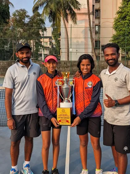 Our trainees Tamanna Nair and Rumi Gadia with their coaches after winning the CISCE National Games while representing Team Maharashtra.