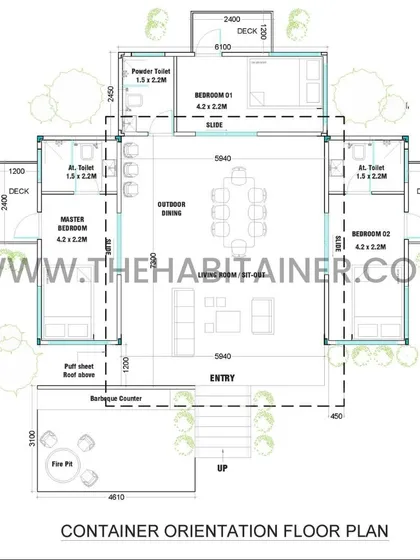 The floor plan for the 3BHK container home, detailing the layout of the bedrooms and living spaces.