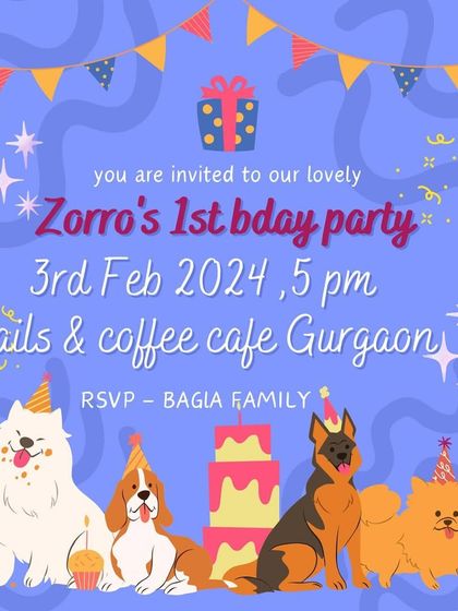 An invitation to Zorro the Golden Retriever's first birthday party. Every celebration at Tails & Coffee is a community event filled with joy and wagging tails.