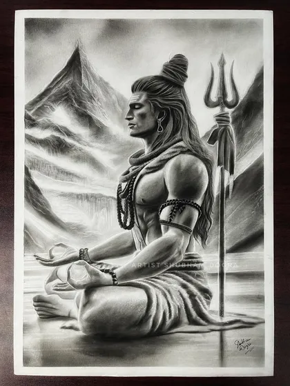 A powerful charcoal drawing of Lord Shiva in meditation. I focus on capturing the serene yet intense energy of spiritual figures, creating pieces that bring a sense of peace and strength to any space.