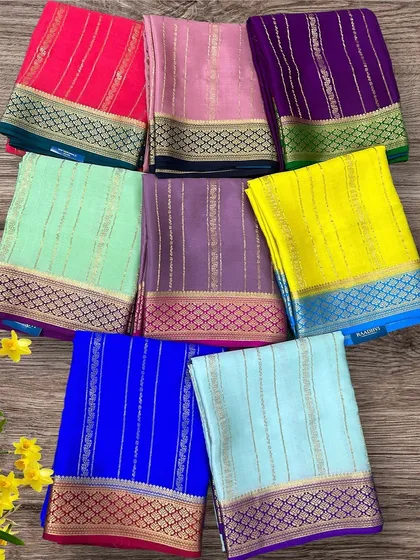 A glimpse into the variety of colors available in our pure crepe Mysore silk saree collection, perfect for any festive occasion.