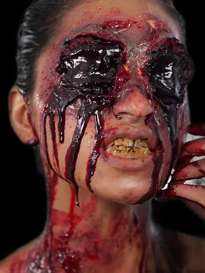 A detailed close-up of a missing eye SFX look. I guide you through using professional materials like liquid latex and stage blood to create gruesome and believable horror effects.