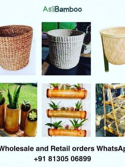 A collage of our various planters, made from bamboo, kauna grass, and water hyacinth. It includes standing planters, hanging planters, and simple pots, demonstrating the many ways we can help you bring greenery into your home.
