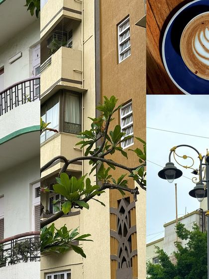 A vertical collage of Art Deco details, from geometric window grilles to the classic shape of a street lamp.