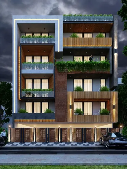 A residential building facade that emphasizes greenery, with planters integrated into every balcony. The design uses a mix of wood, corten steel-colored panels, and white frames to create a warm and modern look.