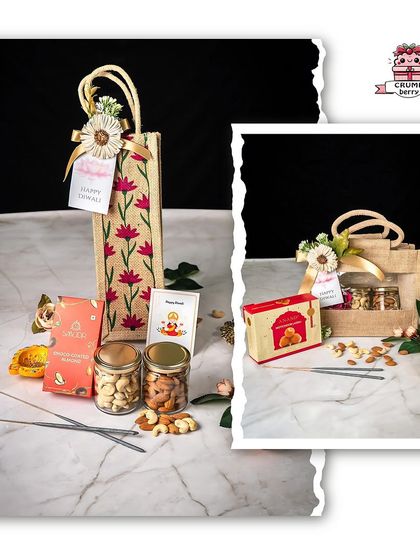 A stylish and eco-friendly Diwali gift option. This set features a beautiful lotus-print jute bag containing jars of cashews and almonds, chocolate almonds, incense sticks, and a small diya, combining tradition with sustainable packaging.