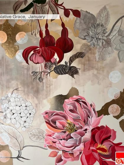 "Native Grace," a project from my art yearbook, showcasing a complex floral composition with gold leaf and mixed color and monochrome elements.