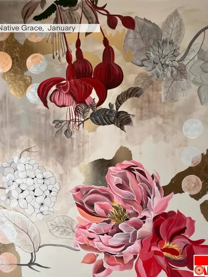'Native Grace', a lush floral painting from my 2023 art yearbook. This piece combines different flowers in a rich composition, blending color and monochrome with touches of gold.