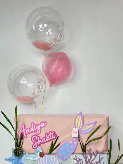 A view from above, showing the arrangement of the balloons and the top of the beautifully decorated 'Under The Sea' gift hamper.