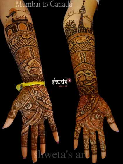 Your mehendi can tell your story. For this bride, I illustrated her journey from Mumbai to Canada, featuring landmarks like the Gateway of India and the CN Tower. Everything is possible!