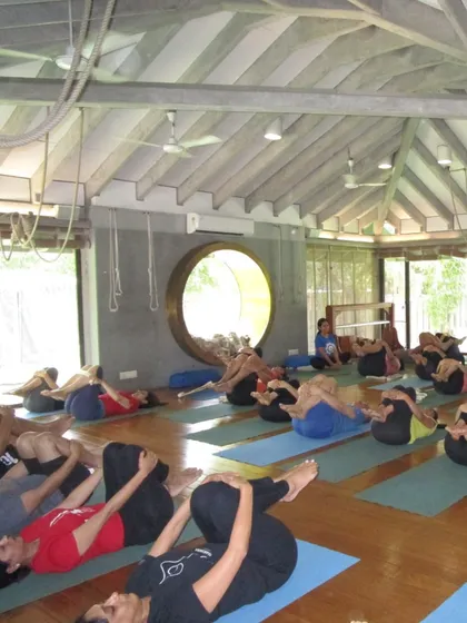 A wide shot of a class practicing Apanasana. This demonstrates how simple, restorative poses are an integral part of a balanced practice, providing rest and release.
