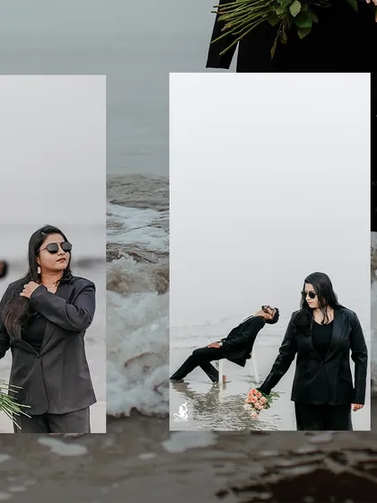An artistic and unconventional pose from a beach pre-wedding shoot, showcasing creativity and trust.