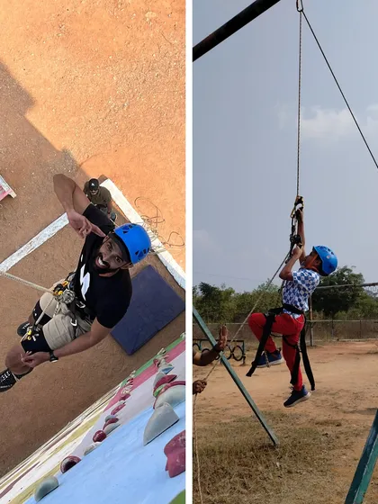 A participant at our Hyderabad workshop practices jumaring, a key technique for ascending fixed ropes on steep terrain.