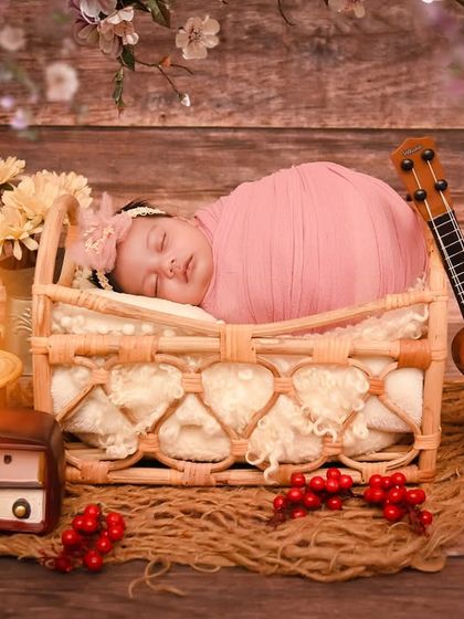 A vintage-themed rustic setup featuring a baby in a basket next to an old-fashioned radio and a ukulele. The warm wood tones and props create a nostalgic feel.