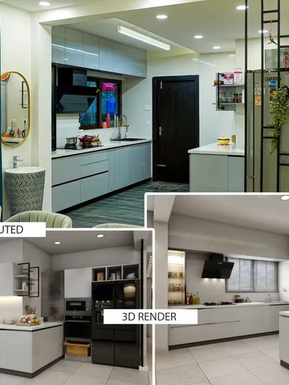 What you see is what you get. This image shows the direct comparison between our initial 3D design render and the final executed kitchen. We pride ourselves on turning the exact vision into a reality, ensuring there are no surprises when it comes to the final look, layout, and finish of your dream kitchen.