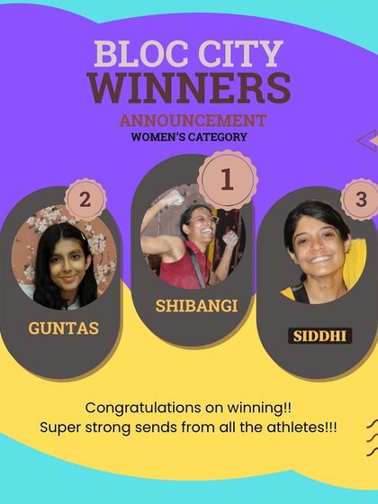 And here are the winners of the Bloc City 2025 women's category. The competition was fierce and the sends were powerful. A massive shoutout to our champions: Shibangi, Guntas, and Siddhi.