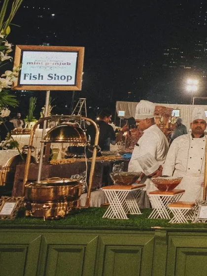A wide shot of our 'Fish Shop' counter at a large event. The setup is both grand and organized, ensuring smooth service.
