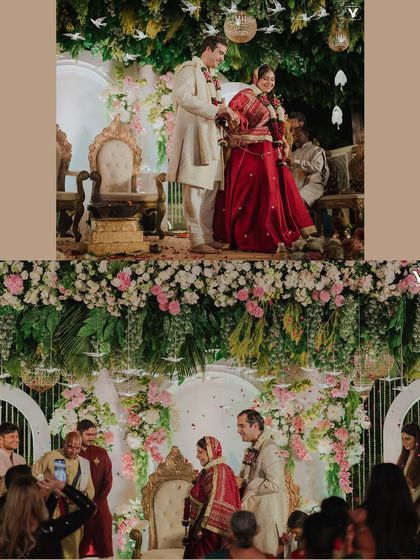 A collage of the wedding ceremony, showing the couple at the mandap under a stunning floral arrangement. These shots capture the grandeur and beauty of the sacred space.