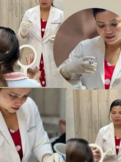 This collage captures different moments from a filler treatment session, from the initial consultation and explanation to the precise injection technique, all focused on achieving a naturally uplifted look.