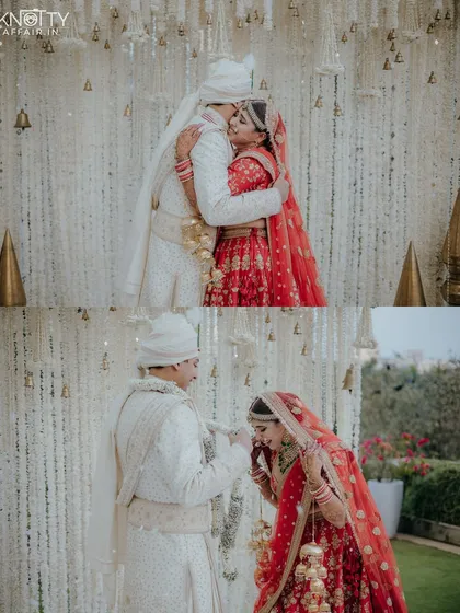 An intimate embrace and a tender kiss on the hand at the mandap. These are the small, emotional gestures that tell the biggest stories.