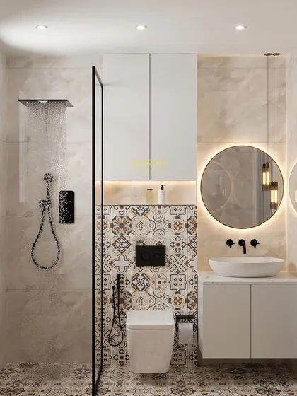 A guest washroom design that blends Moroccan flair with modern sophistication. The floor and accent wall feature beautiful Moroccan tiles, while the rest of the walls are clad in sleek Onyx tiles for a harmonious contrast.