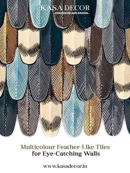 A wall of our multi-color feather-like tiles. The mix of metallic and matte finishes creates an eye-catching, dynamic surface that is both artistic and luxurious.