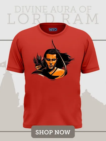 A sharp, intense graphic of Lord Ram on a bright red t-shirt, designed for a comfortable straight fit.