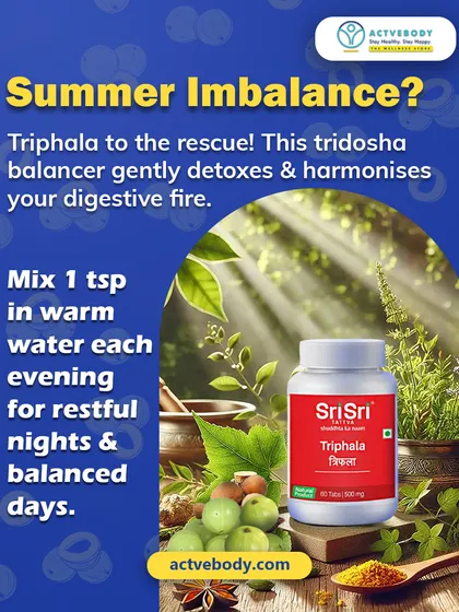 Feeling a summer imbalance? Triphala comes to the rescue. This image explains how this tridosha balancer gently detoxes and harmonizes your digestive fire, making it a perfect evening ritual for restful nights and balanced days.