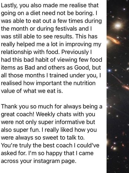 I teach that dieting doesn't have to be boring. This client realized she could still eat out during festivals and see results, which helped her improve her relationship with food and ditch the "good vs. bad" food mentality.