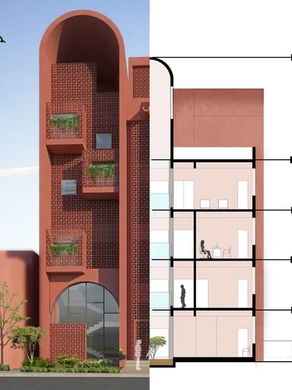 This image combines a render with a sectional drawing to show how a building breathes. The section reveals the passive cooling strategy, with a wind catcher promoting natural ventilation, while the render shows the final aesthetic of the terracotta façade.