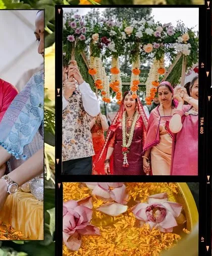 A collage of moments from a traditional Coorg wedding, showcasing rituals, decor details, and the happy couple's entry.