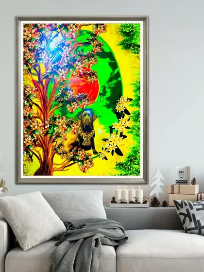 A version of the dog painting with enhanced lighting effects, making the colors even more brilliant.