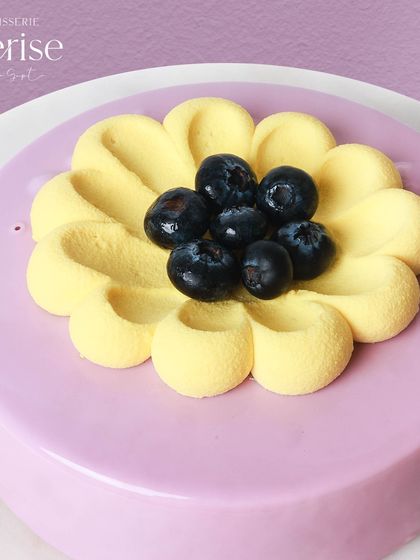 My Dreamscape entremet, with its beautiful lavender glaze and blueberry garnish. Once tasted, it's unforgettable.