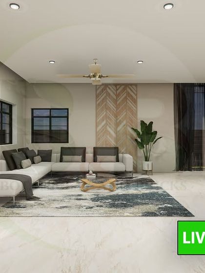 A wider view of the modern living room design. This perspective shows the L-shaped sofa and the overall spatial arrangement, designed for both comfort and a high-end aesthetic.