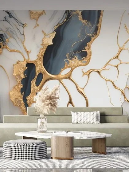 A unique abstract wallpaper with a 3D effect, combining a liquid marble texture with golden vein-like structures. A truly artistic and modern choice.