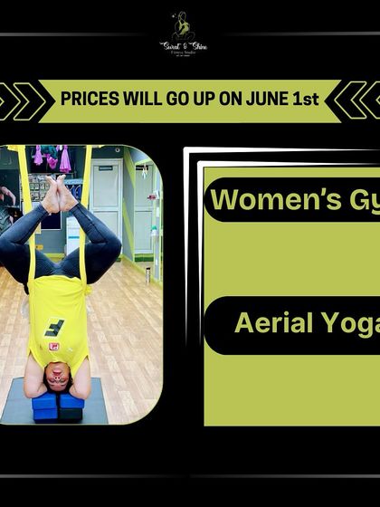 This graphic highlights our aerial yoga offering, a key part of our women's gym. We are constantly welcoming new members to come and try this unique and empowering practice.