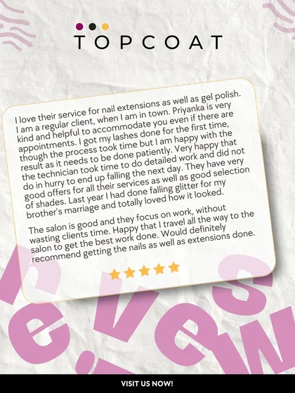 Client love like this keeps us going. This detailed review highlights our accommodating service, good offers, and the quality of our nail extensions, gel polish, and even lash services.