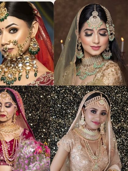 A collage of four beautiful bridal looks, all featuring different styles of green and pastel-toned jewellery.