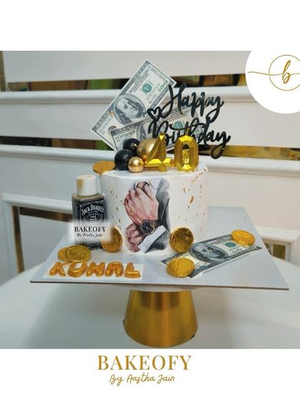 A custom-themed cake for a fan of money and Jack Daniels. This cake is all about celebrating in style.