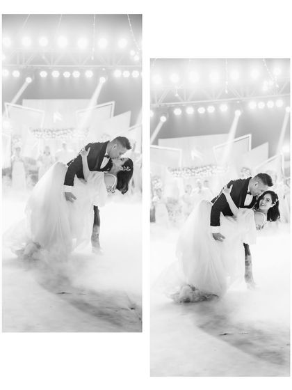 A black and white diptych of the couple's dramatic first dance dip. The monochrome edit adds a classic, cinematic quality to this reception highlight.