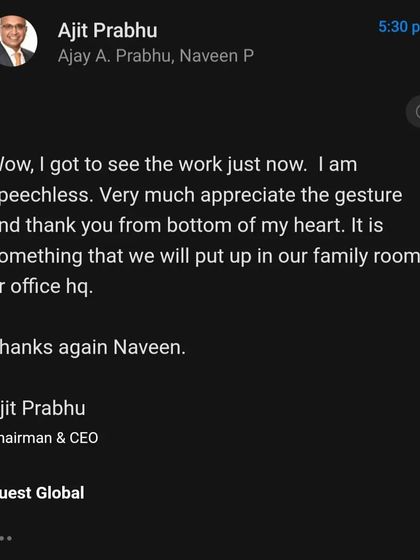 A screenshot of the email I received from the Chairman & CEO of Quest Global. This kind of appreciation is truly humbling.