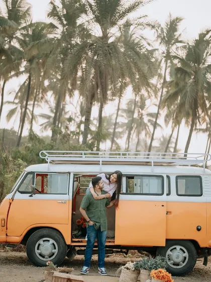 Fun, free-spirited moments from a themed pre-wedding shoot featuring a vintage van and a beautiful palm-fringed backdrop. I love working with couples to bring their unique and playful ideas to life.