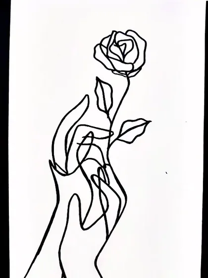 A single continuous line forms two hands gently holding a rose. This minimalist drawing symbolizes love, care, and delicate beauty, all with the power of one line.