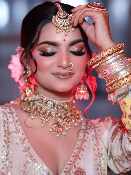 A close-up of the nude bridal makeup. This look is perfect for brides who want something elegant and understated.