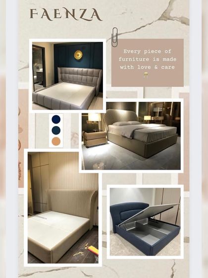 A collage showcasing the variety of my custom bed designs. From tufted and pleated headboards to hydraulic storage beds, each piece is made with love and care to fit your style.
